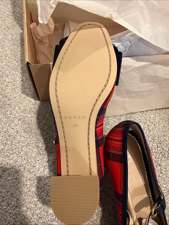Boden Red Plaid Mary Jane Heel with Navy Trim and Bow